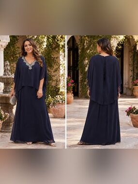 Elegant Navy Beaded V-Neck Maxi Dress